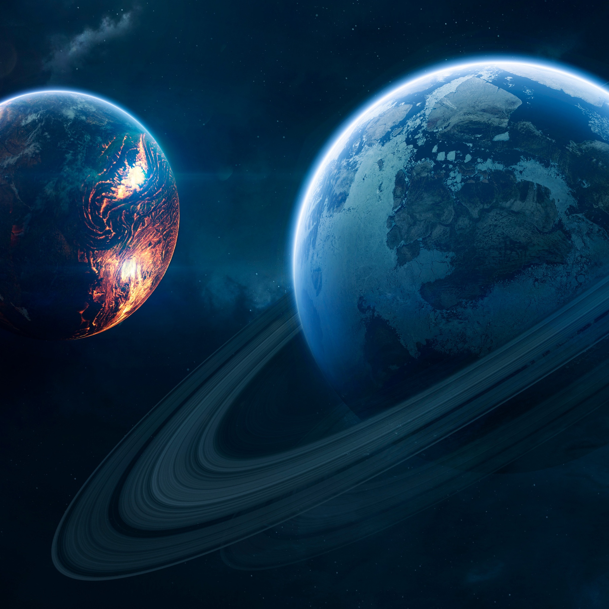 Blue Planet Wallpaper 4K, Orbital ring, Red Planet, Stars